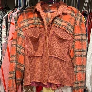 POL Orange Plaid Knit Mixed-Media Jacket